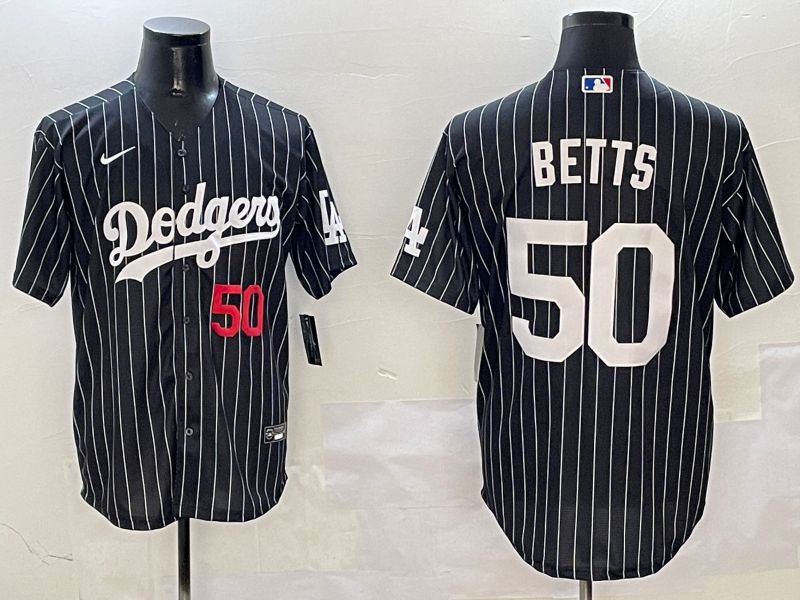 Men Los Angeles Dodgers #50 Betts Black Stripe Jointly Name 2025 Nike MLB Jersey style 9
